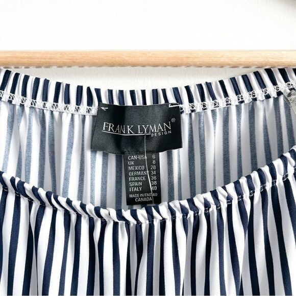 Frank Lyman Top Off The Shoulder Navy White Striped Fluted Sleeves Women's 6 NWT - Picture 5 of 9